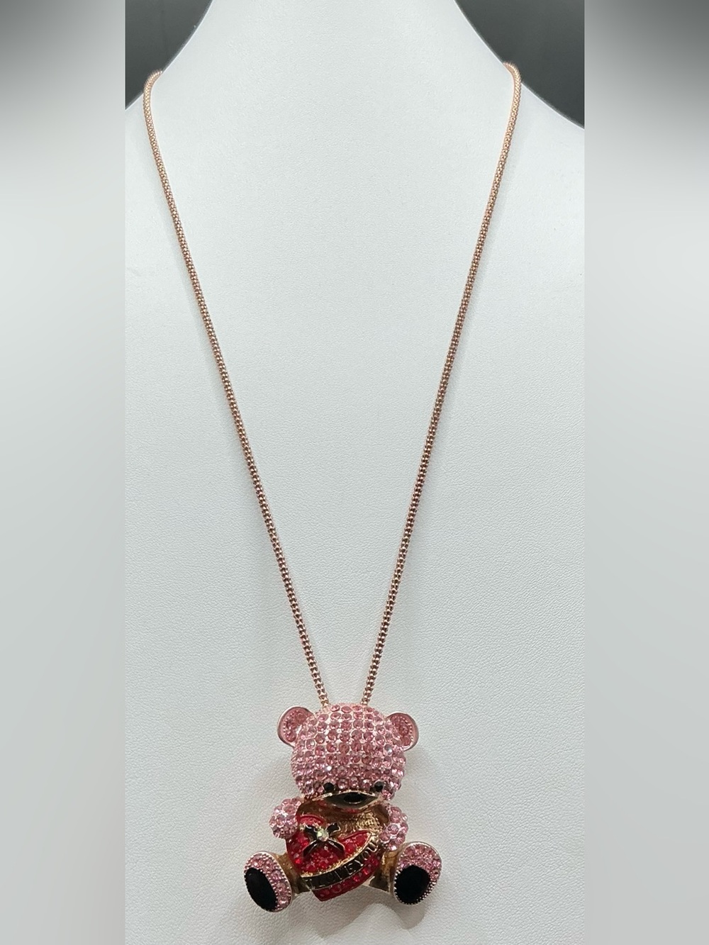 BETST JOHNSON PAVE VALENTINES DAY BEAR I LOVE YOU HEART BROOCH PENDANT NECKLACE
